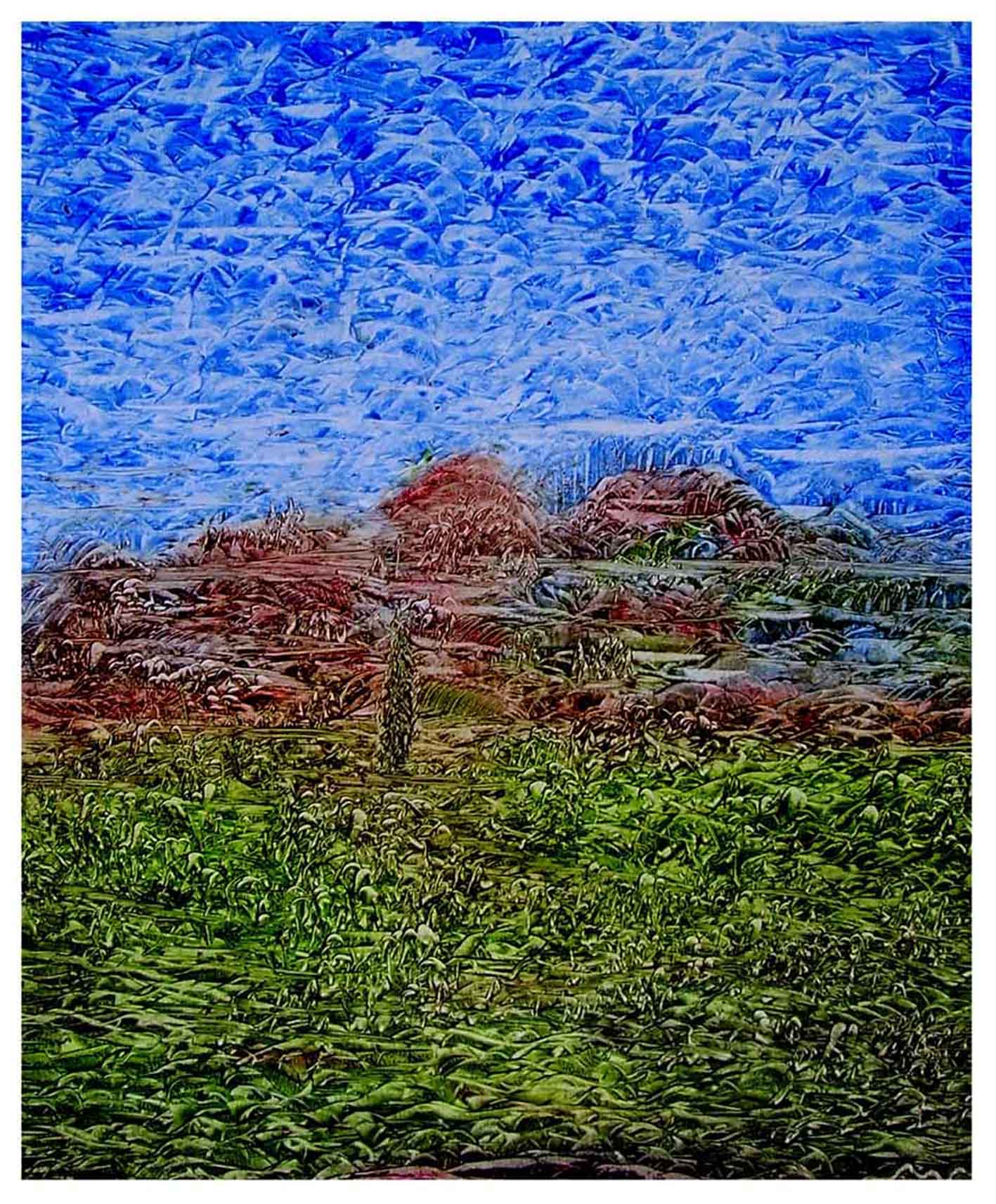 Multidimensional painting with a landscape in blue and green colors.